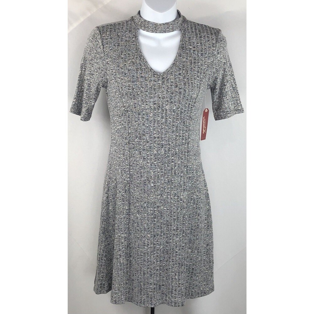 NWT Arizona jersey knit dress S gray keyhole choker neck flare whimsy gothic